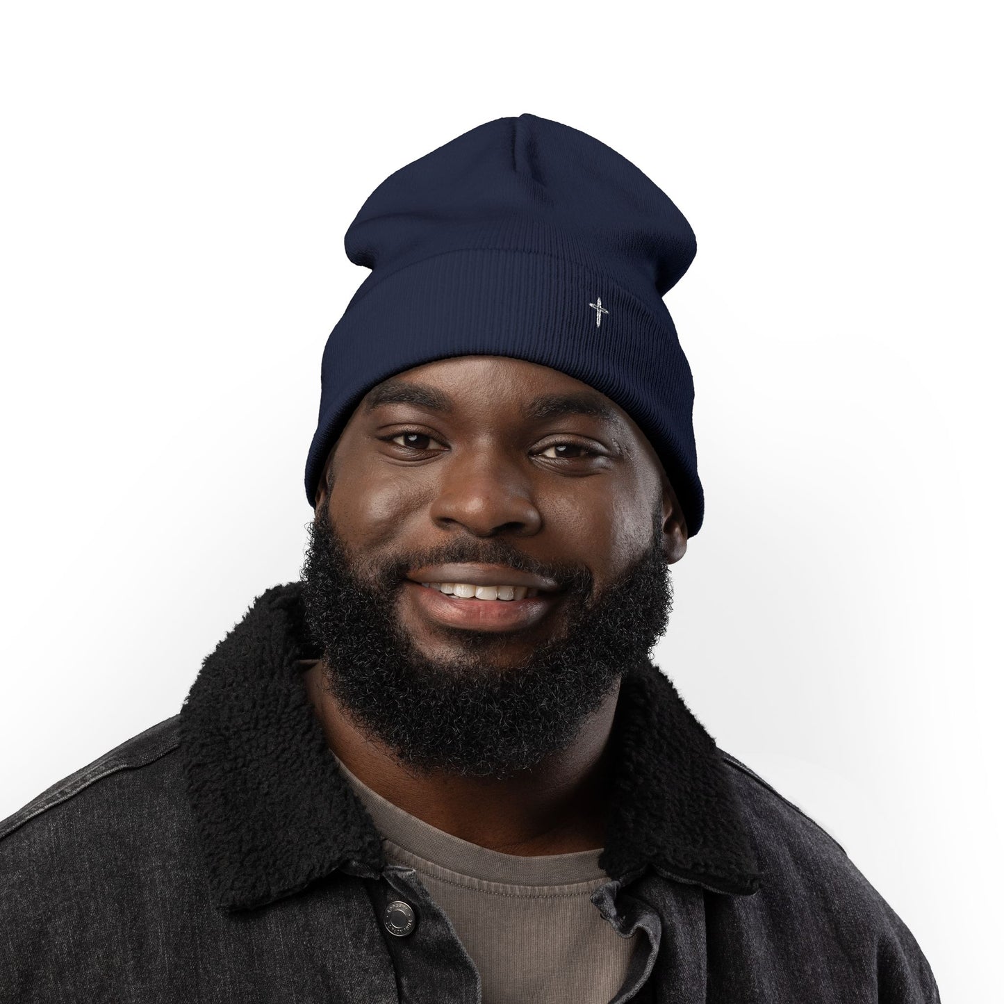 Embroidered Cross Knit Beanie — Cozy Minimalist Winter Hat
