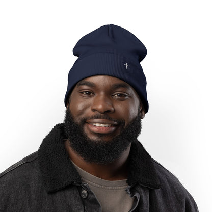 Embroidered Cross Knit Beanie — Cozy Minimalist Winter Hat