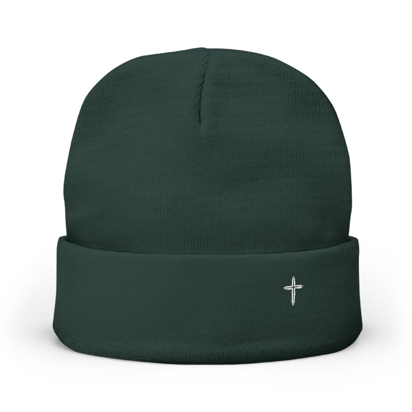 Embroidered Cross Knit Beanie — Cozy Minimalist Winter Hat