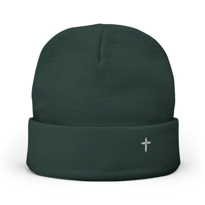 Embroidered Cross Knit Beanie — Cozy Minimalist Winter Hat