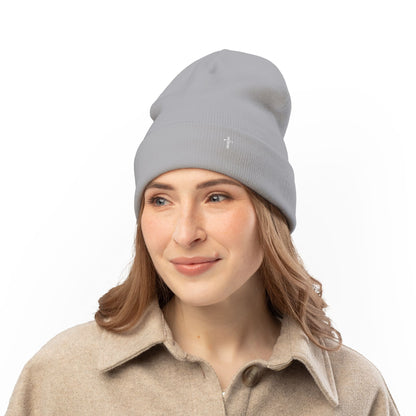 Embroidered Cross Knit Beanie — Cozy Minimalist Winter Hat