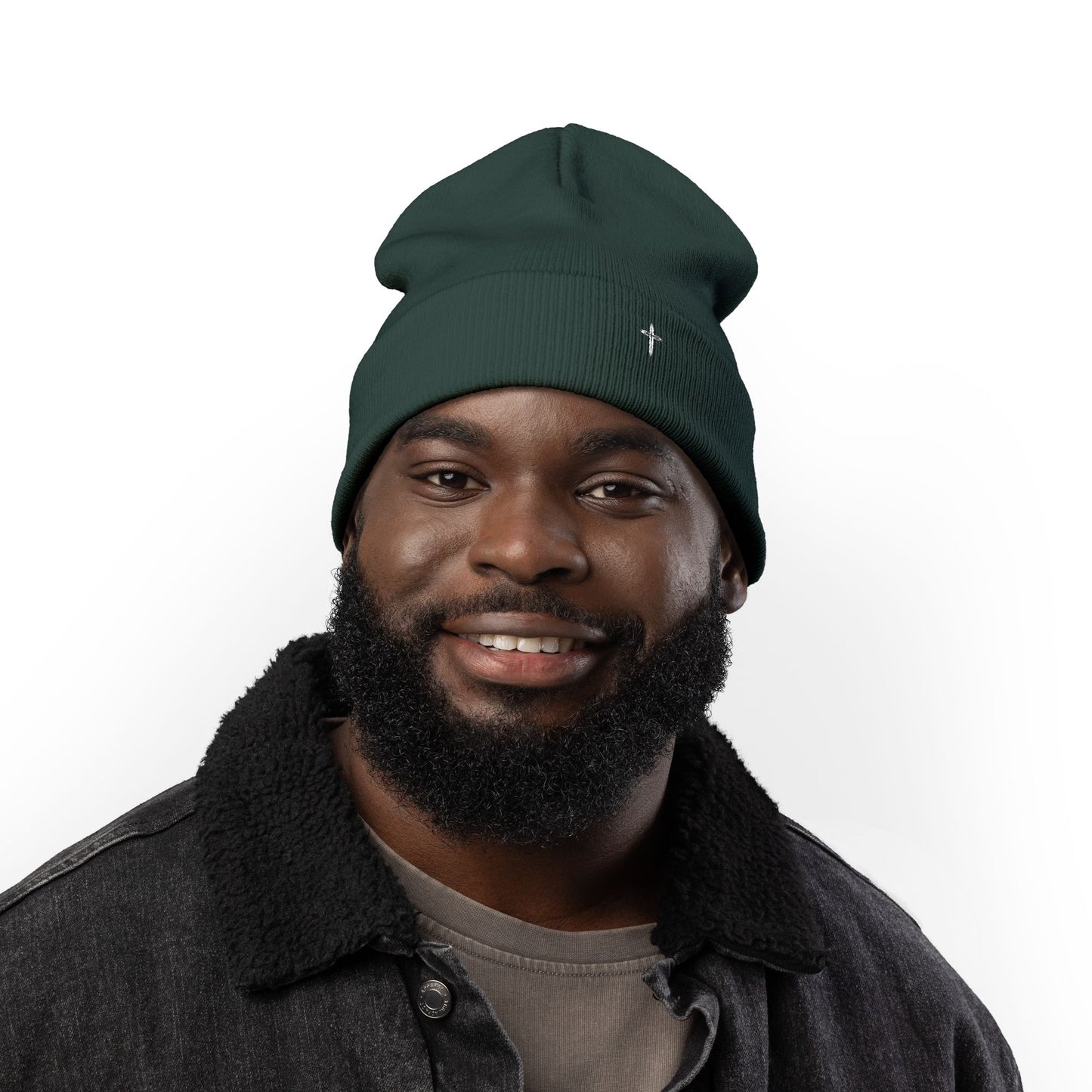 Embroidered Cross Knit Beanie — Cozy Minimalist Winter Hat
