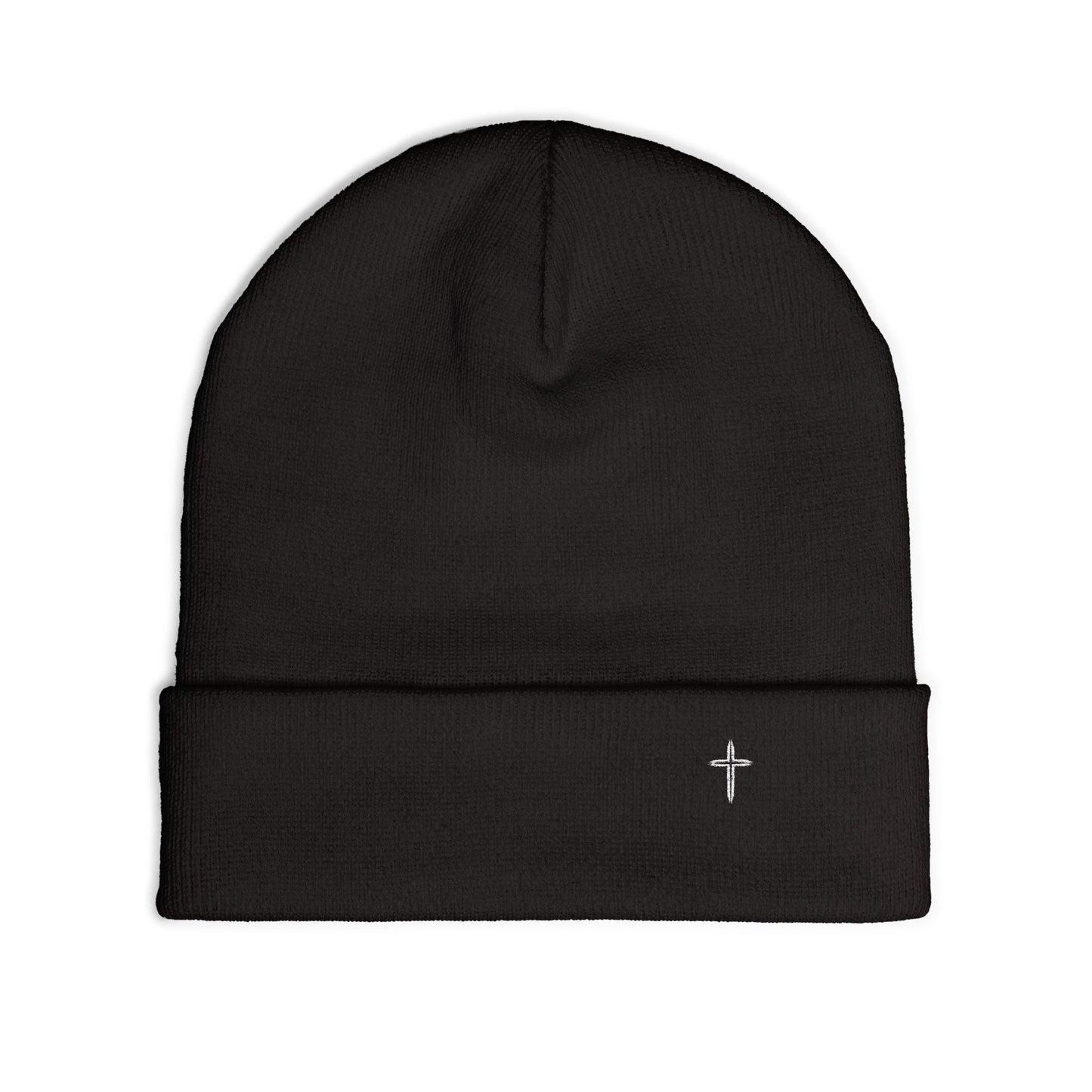 Embroidered Cross Knit Beanie — Cozy Minimalist Winter Hat