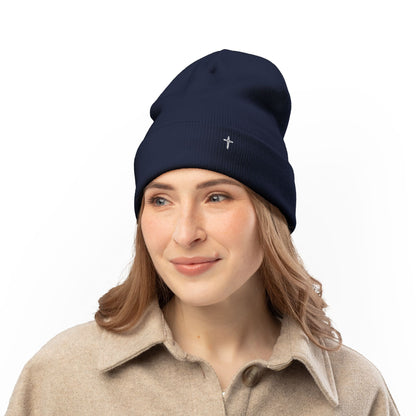 Embroidered Cross Knit Beanie — Cozy Minimalist Winter Hat