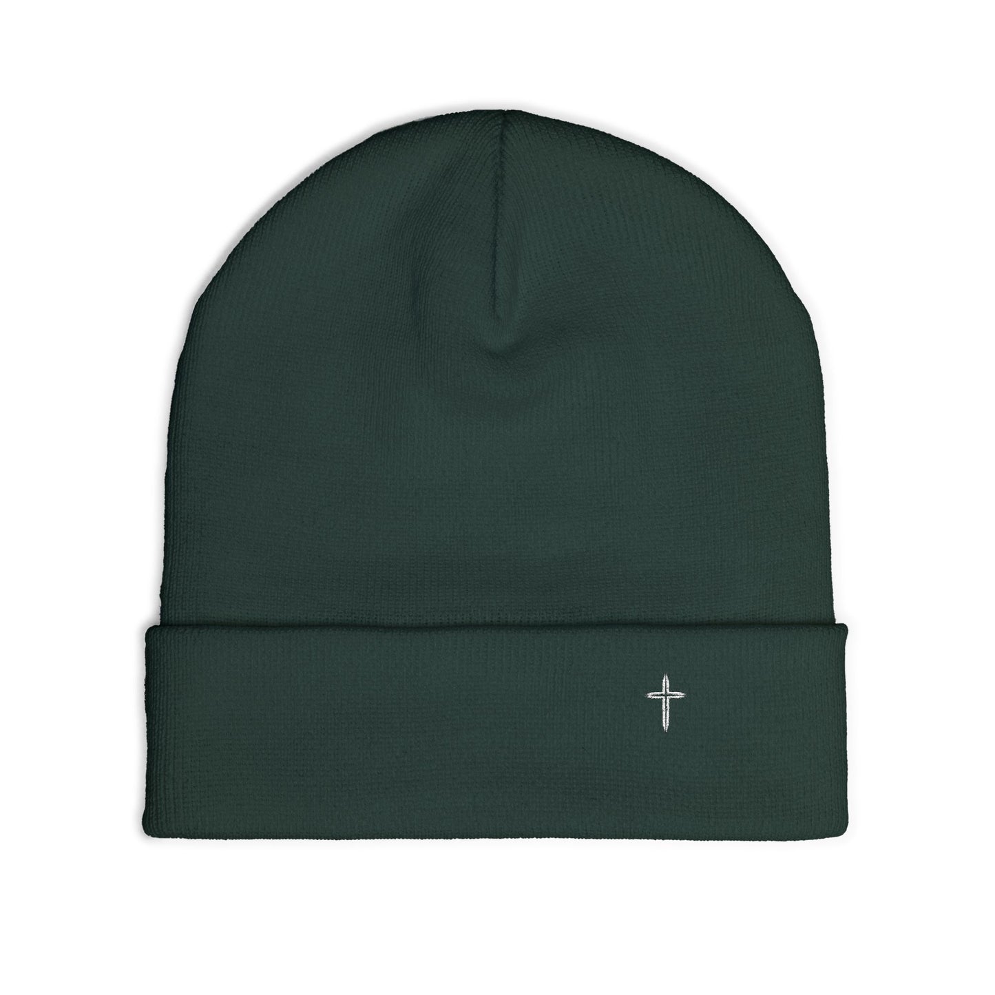 Embroidered Cross Knit Beanie — Cozy Minimalist Winter Hat
