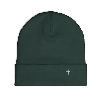 Embroidered Cross Knit Beanie — Cozy Minimalist Winter Hat