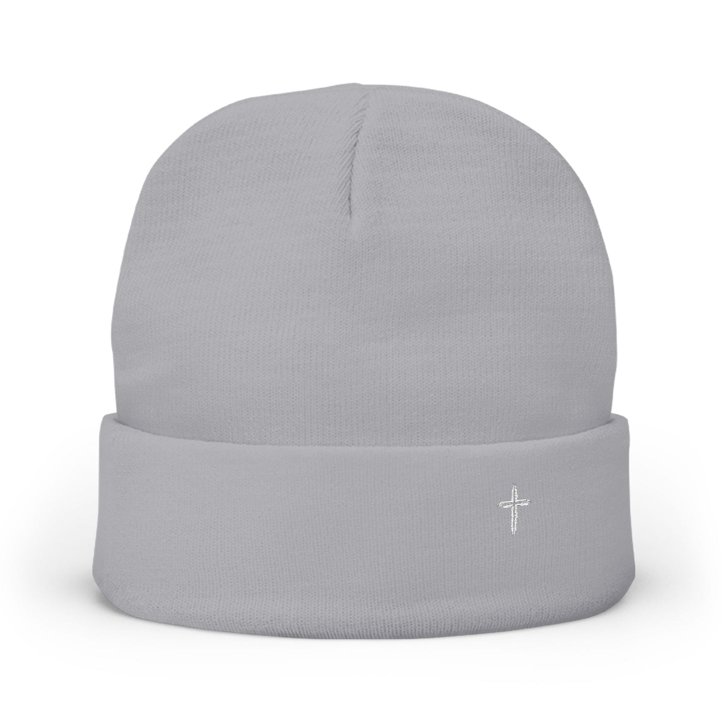 Embroidered Cross Knit Beanie — Cozy Minimalist Winter Hat