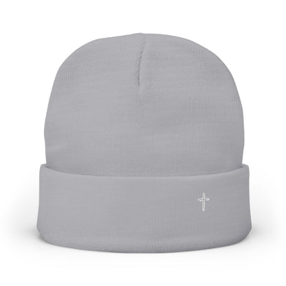Embroidered Cross Knit Beanie — Cozy Minimalist Winter Hat
