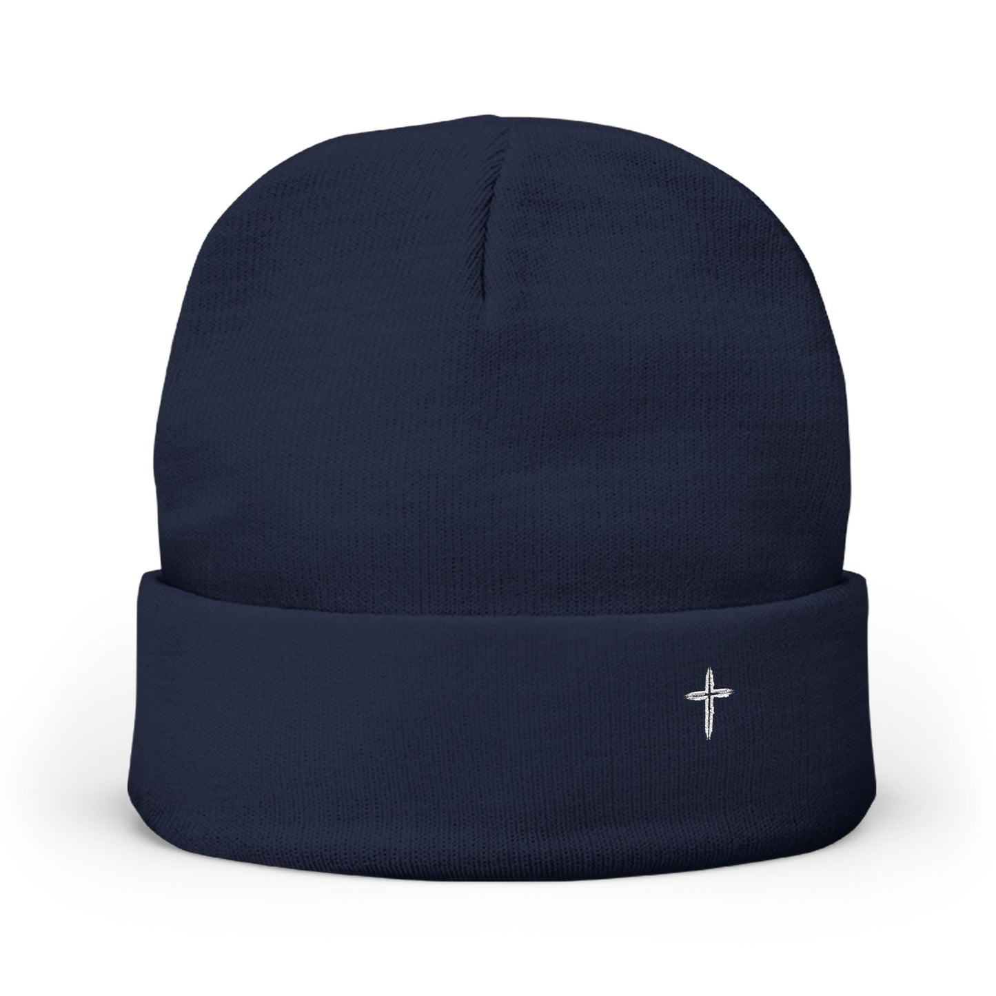 Embroidered Cross Knit Beanie — Cozy Minimalist Winter Hat