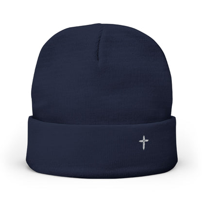 Embroidered Cross Knit Beanie — Cozy Minimalist Winter Hat
