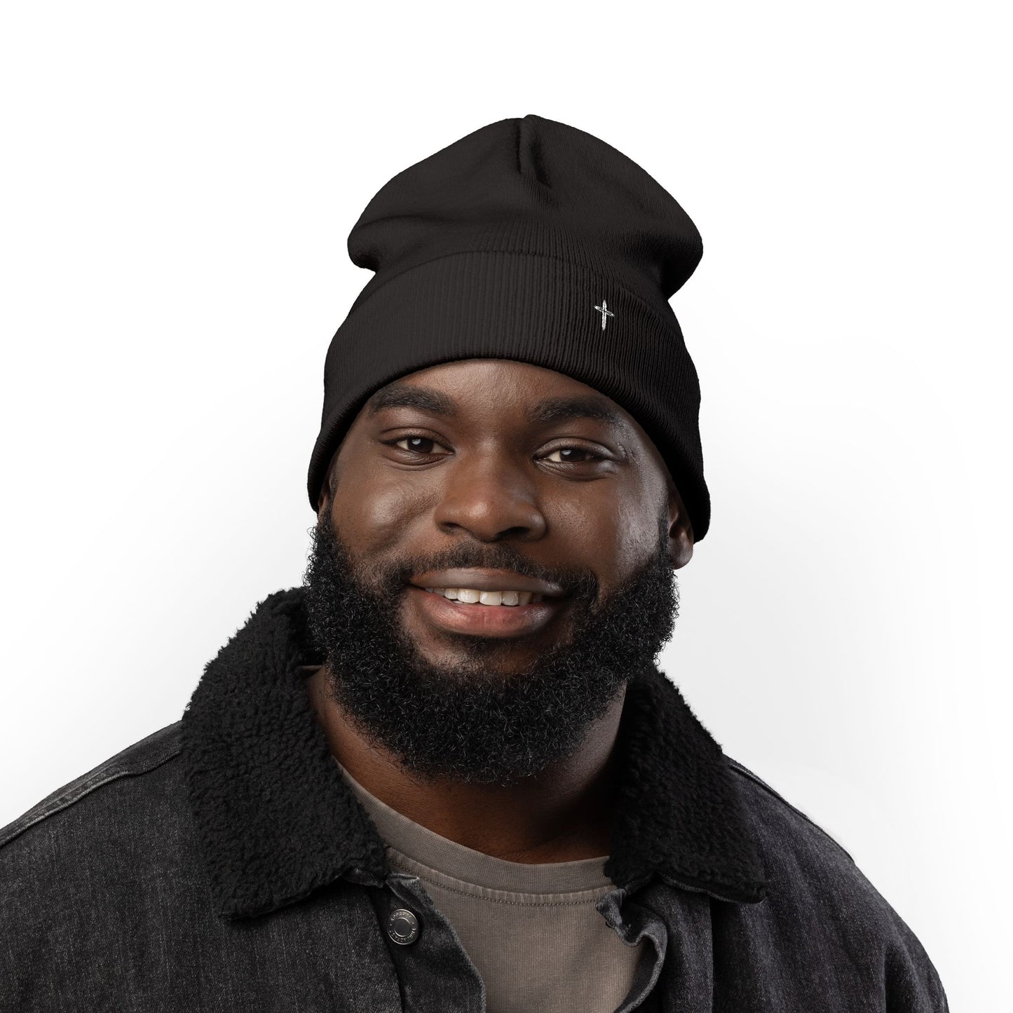 Embroidered Cross Knit Beanie — Cozy Minimalist Winter Hat