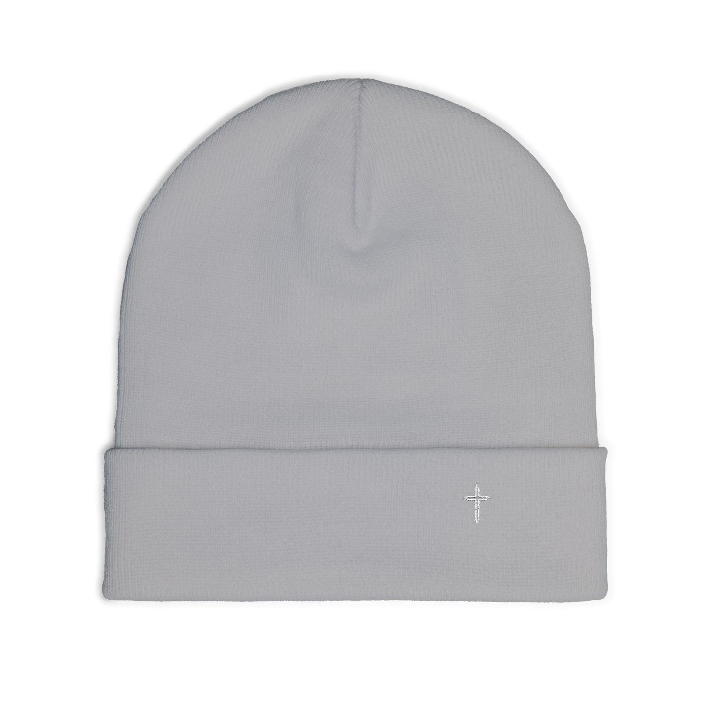 Embroidered Cross Knit Beanie — Cozy Minimalist Winter Hat