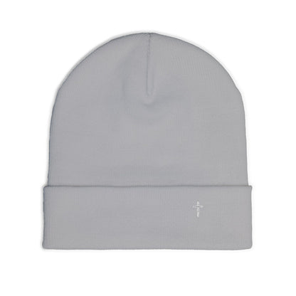 Embroidered Cross Knit Beanie — Cozy Minimalist Winter Hat