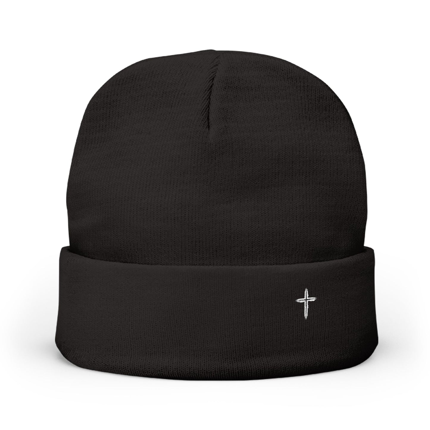 Embroidered Cross Knit Beanie — Cozy Minimalist Winter Hat