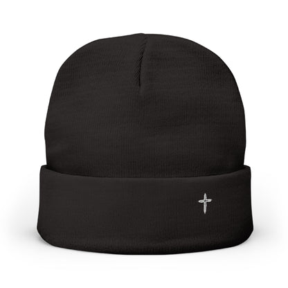Embroidered Cross Knit Beanie — Cozy Minimalist Winter Hat
