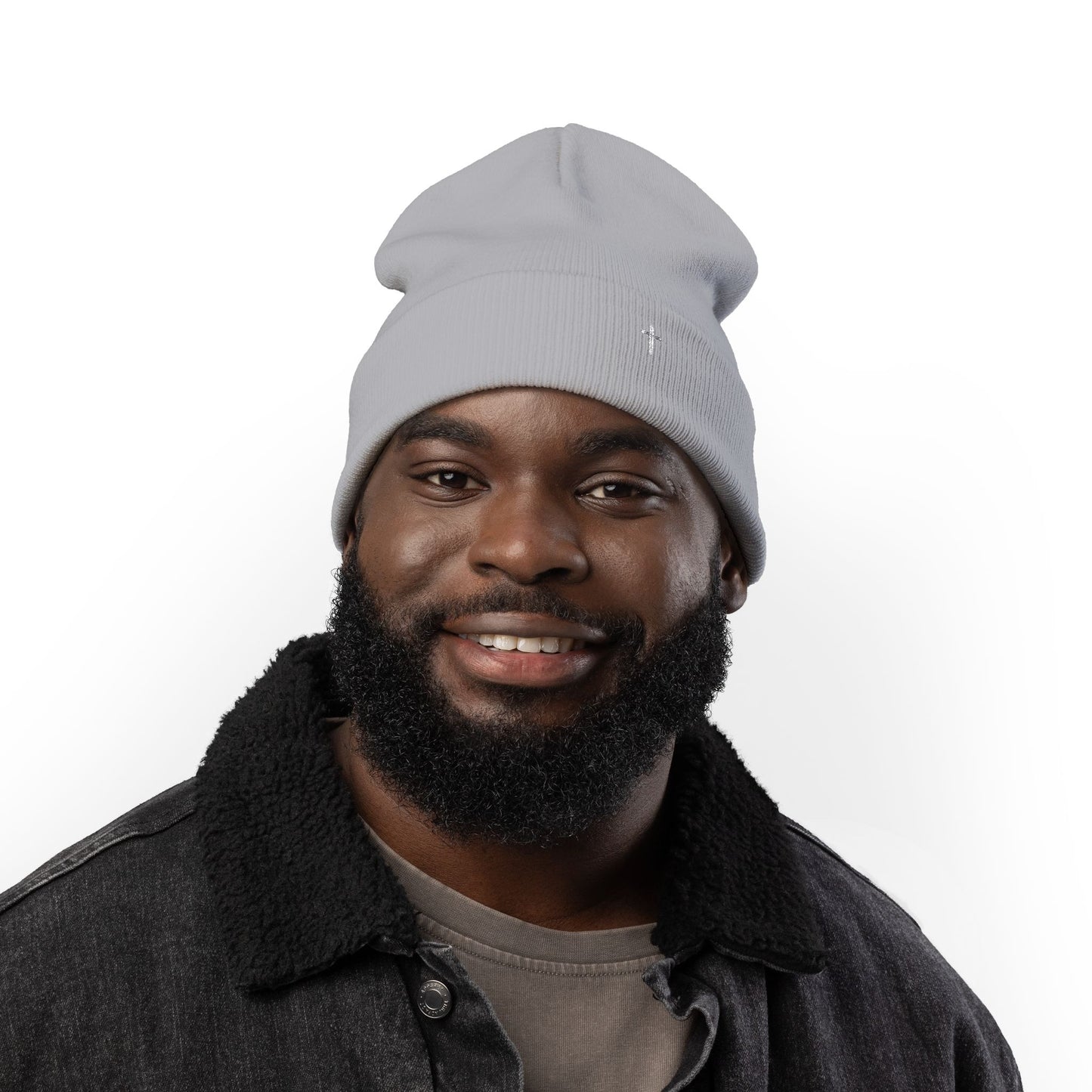 Embroidered Cross Knit Beanie — Cozy Minimalist Winter Hat