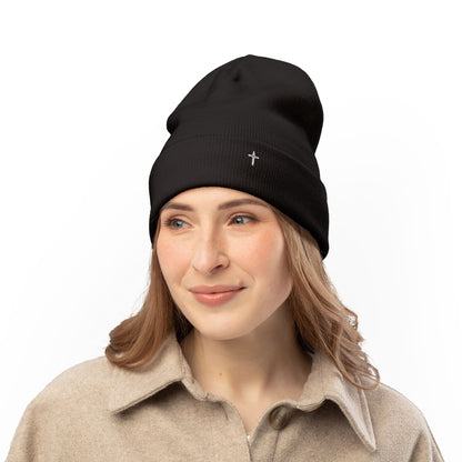 Embroidered Cross Knit Beanie — Cozy Minimalist Winter Hat