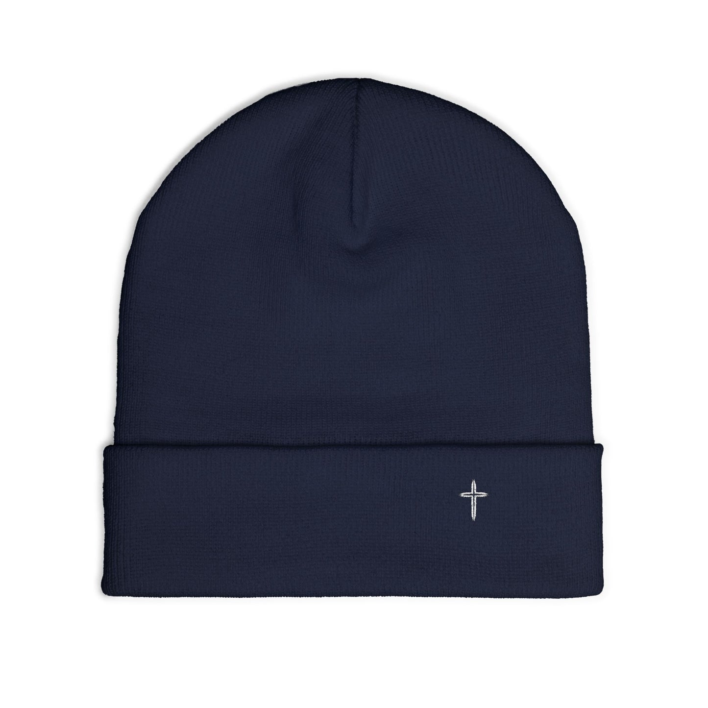 Embroidered Cross Knit Beanie — Cozy Minimalist Winter Hat