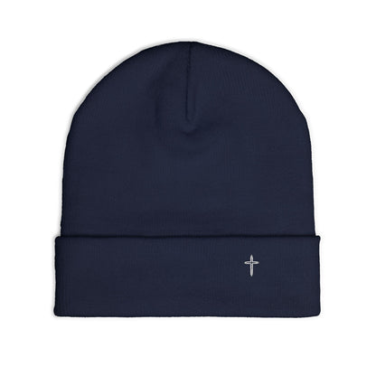 Embroidered Cross Knit Beanie — Cozy Minimalist Winter Hat